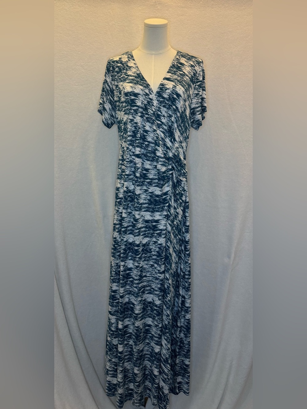 Soft Surroundings Abstract Teal Cream Joanna Faux Wrap Maxi Dress XL Vacation